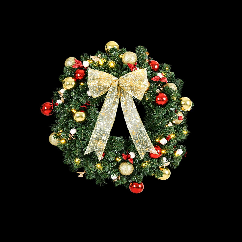 60CM Pre-Lit Christmas Wreath – LED with Bow, Berries & Baubles