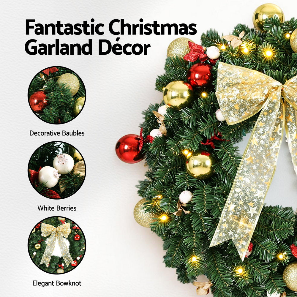 60CM Pre-Lit Christmas Wreath – LED with Bow, Berries & Baubles