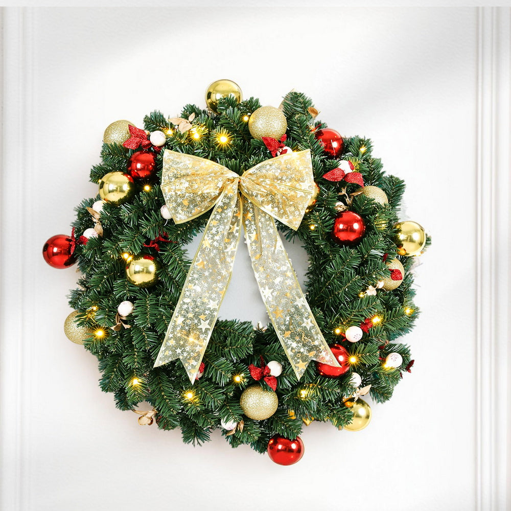 60CM Pre-Lit Christmas Wreath – LED with Bow, Berries & Baubles