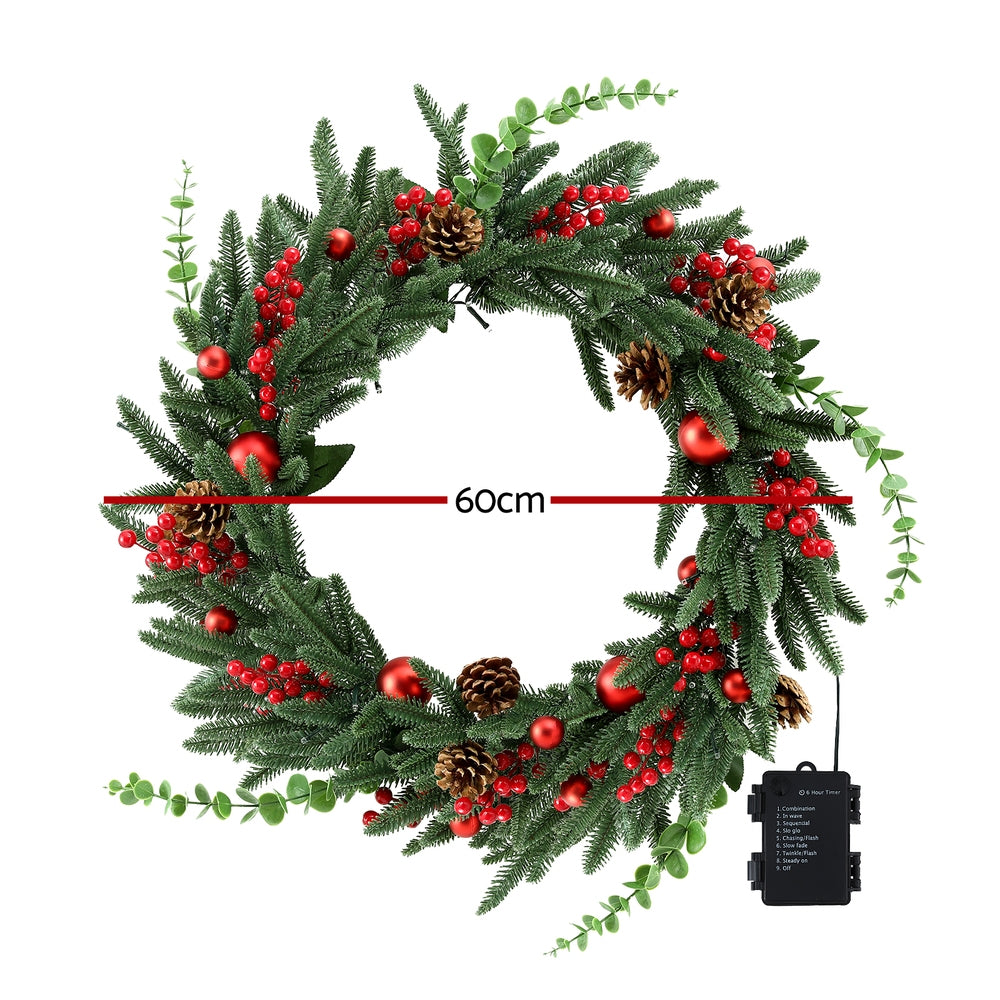 60CM Pre-Lit Christmas Wreath – LED with Berries & Pine Cones