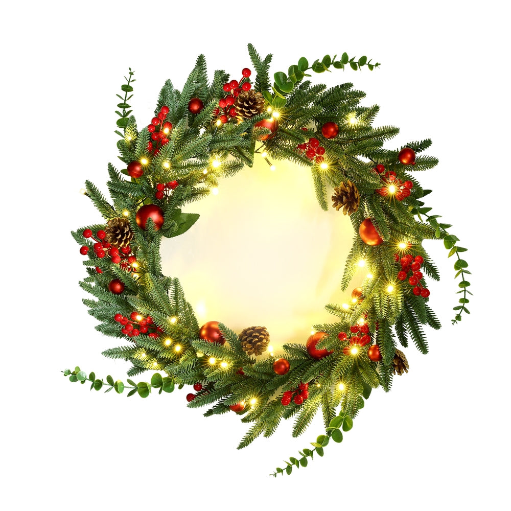 60CM Pre-Lit Christmas Wreath – LED with Berries & Pine Cones