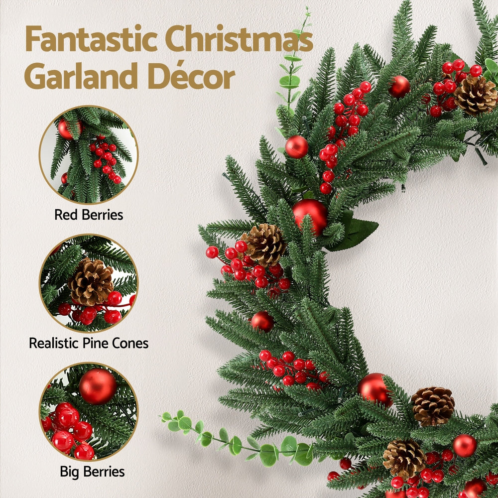 60CM Pre-Lit Christmas Wreath – LED with Berries & Pine Cones