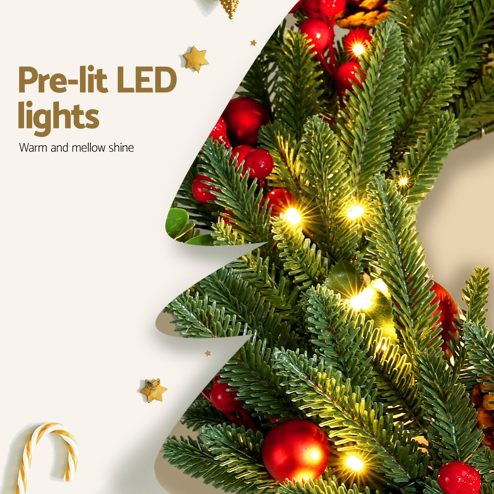 60CM Pre-Lit Christmas Wreath – LED with Berries & Pine Cones