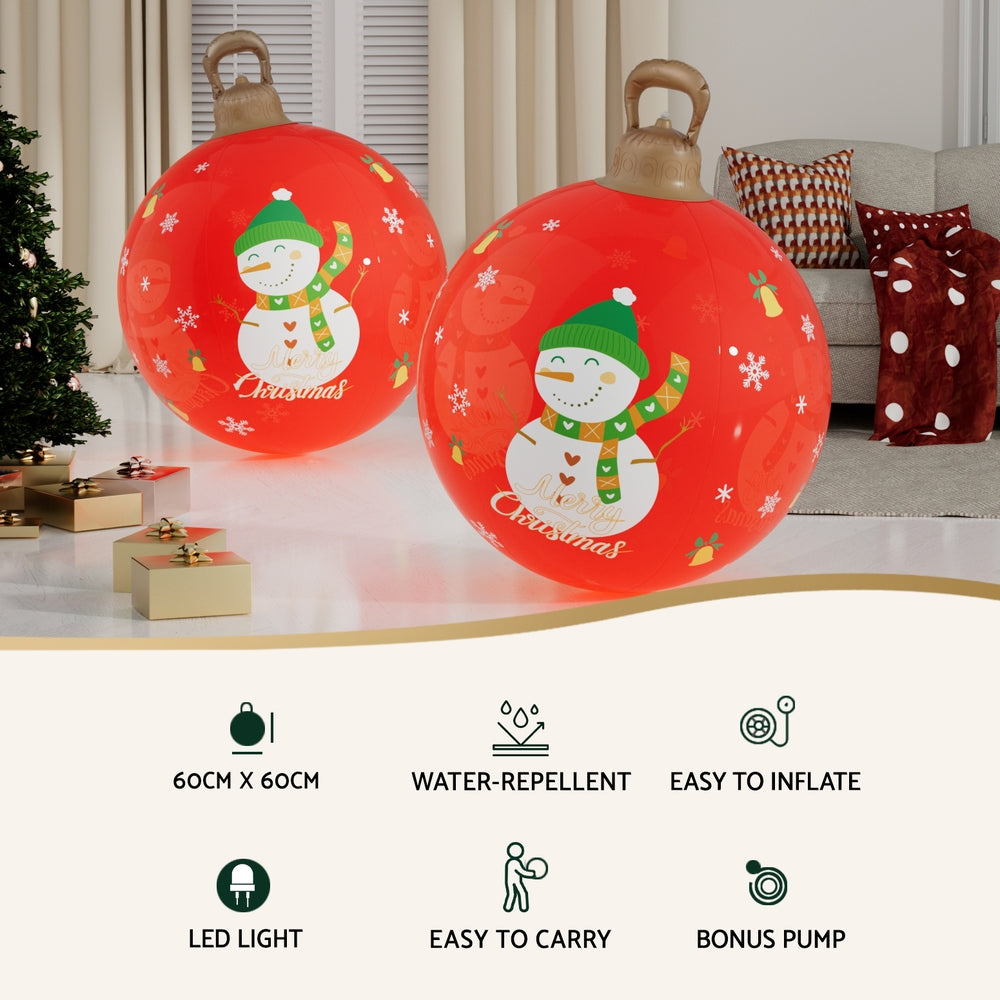 60cm Inflatable Red Christmas Bauble with Snowman – LED-Lit Decoration