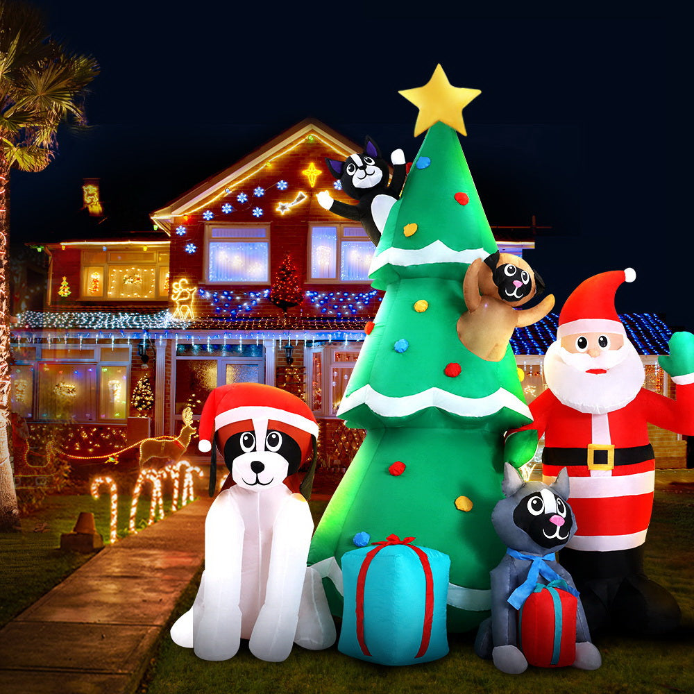 3.04M Inflatable Santa, Christmas Tree & Puppy – LED-Lit Holiday Decoration