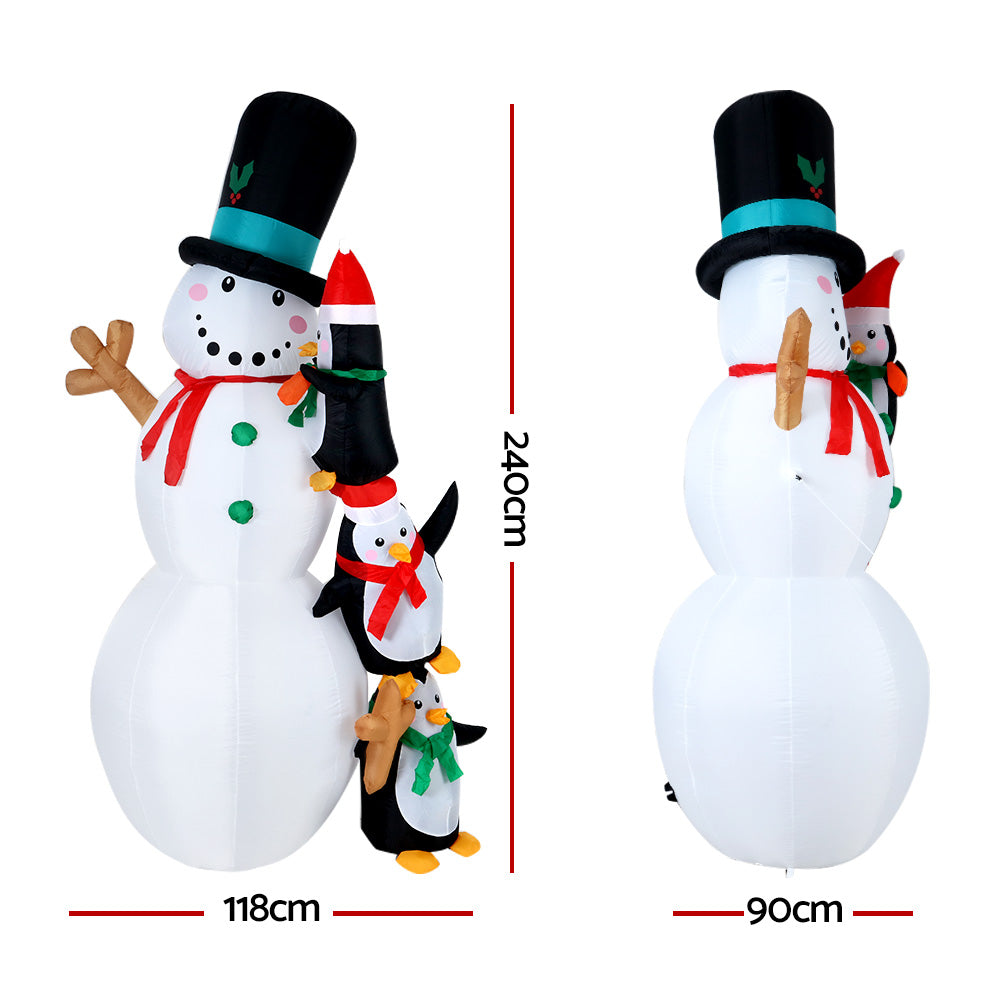 2.4M Inflatable Snowman with Penguins – LED-Lit Christmas Decoration