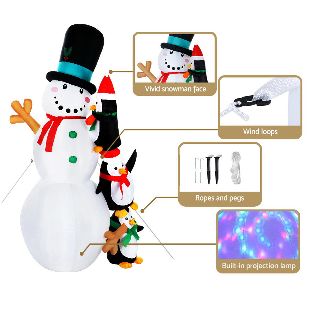 2.4M Inflatable Snowman with Penguins – LED-Lit Christmas Decoration