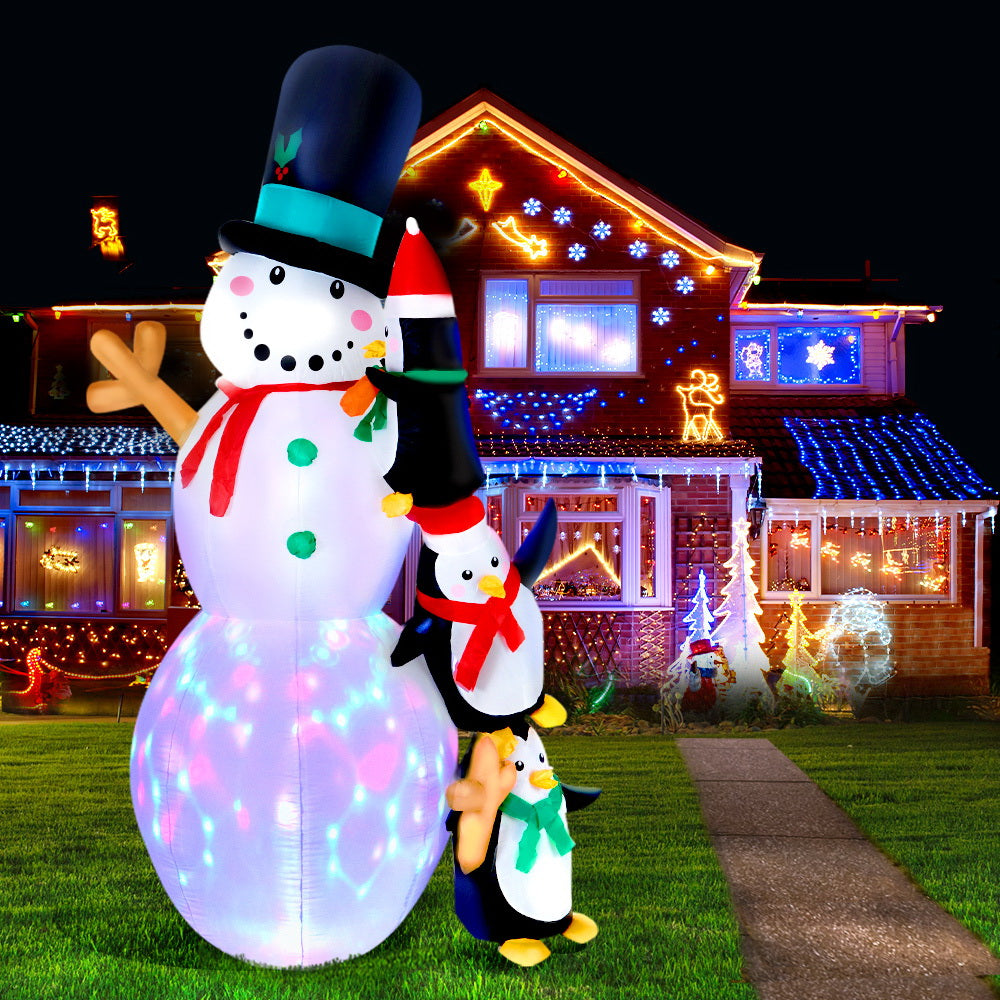 2.4M Inflatable Snowman with Penguins – LED-Lit Christmas Decoration