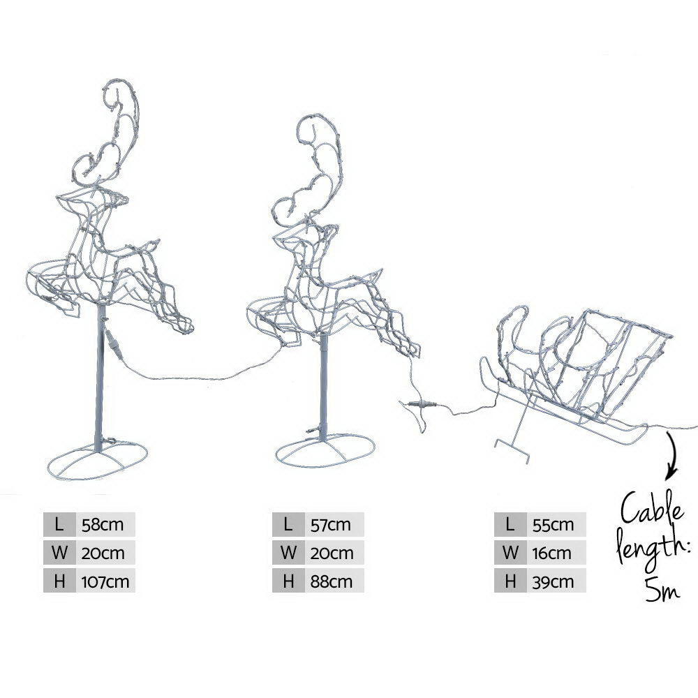 3D Reindeer & Sleigh Christmas Lights – 120 Cold White LEDs