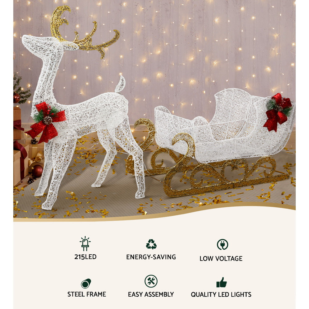 3D Reindeer & Sleigh Christmas Lights – Warm White LED Display