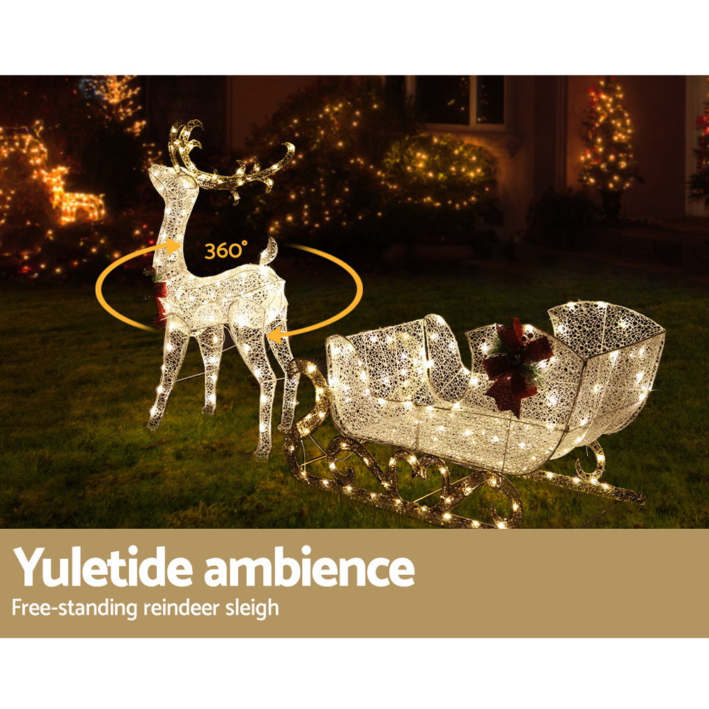 3D Reindeer & Sleigh Christmas Lights – Warm White LED Display
