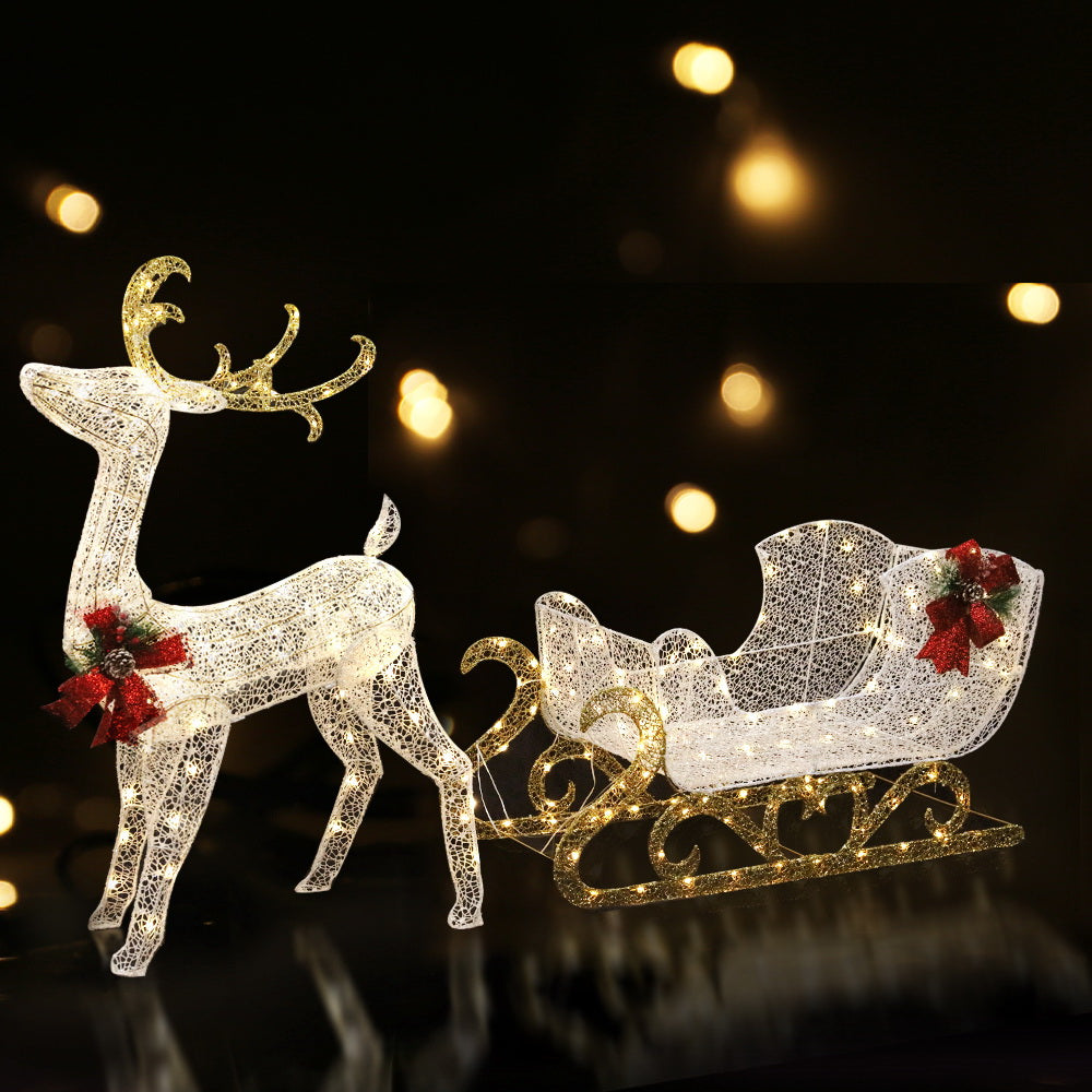 3D Reindeer & Sleigh Christmas Lights – Warm White LED Display