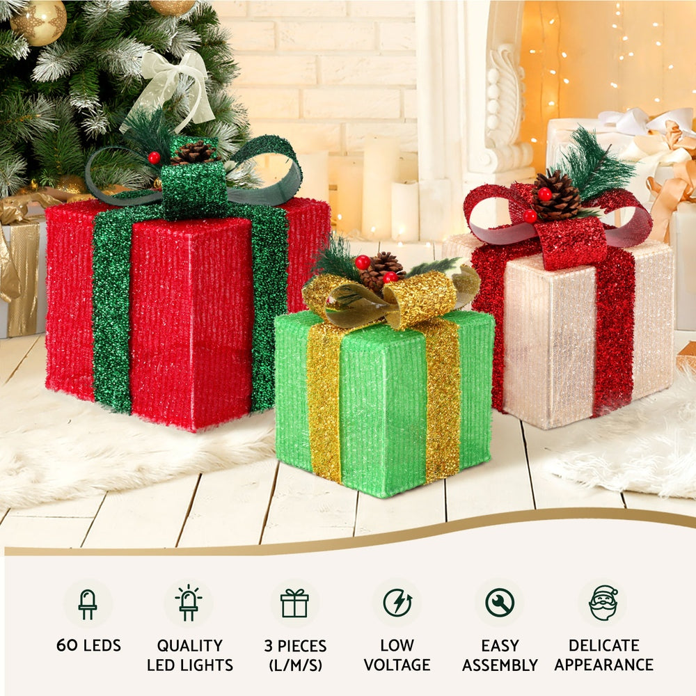 3PCS Christmas Present Light Display Set – Warm White LED Battery Operated
