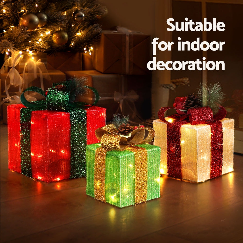 3PCS Christmas Present Light Display Set – Warm White LED Battery Operated