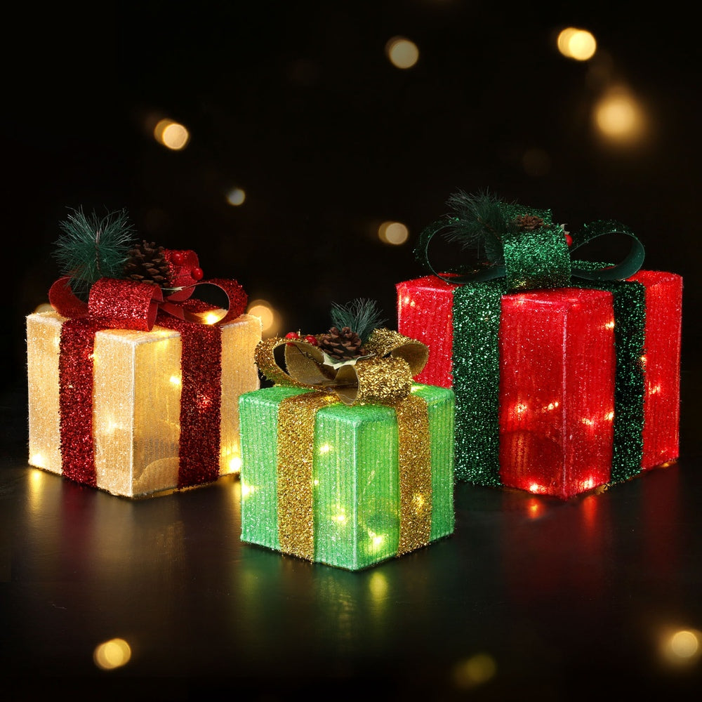 3PCS Christmas Present Light Display Set – Warm White LED Battery Operated