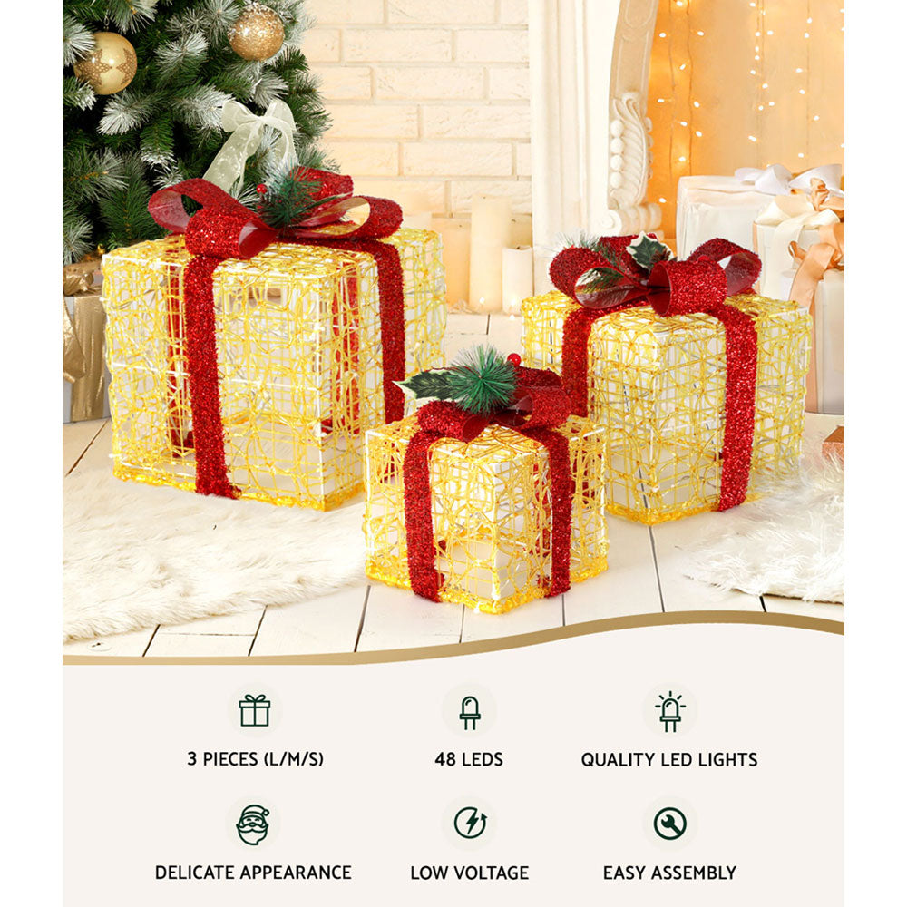 3PCS Christmas Gift Box Lights – Warm White LED 3D Display