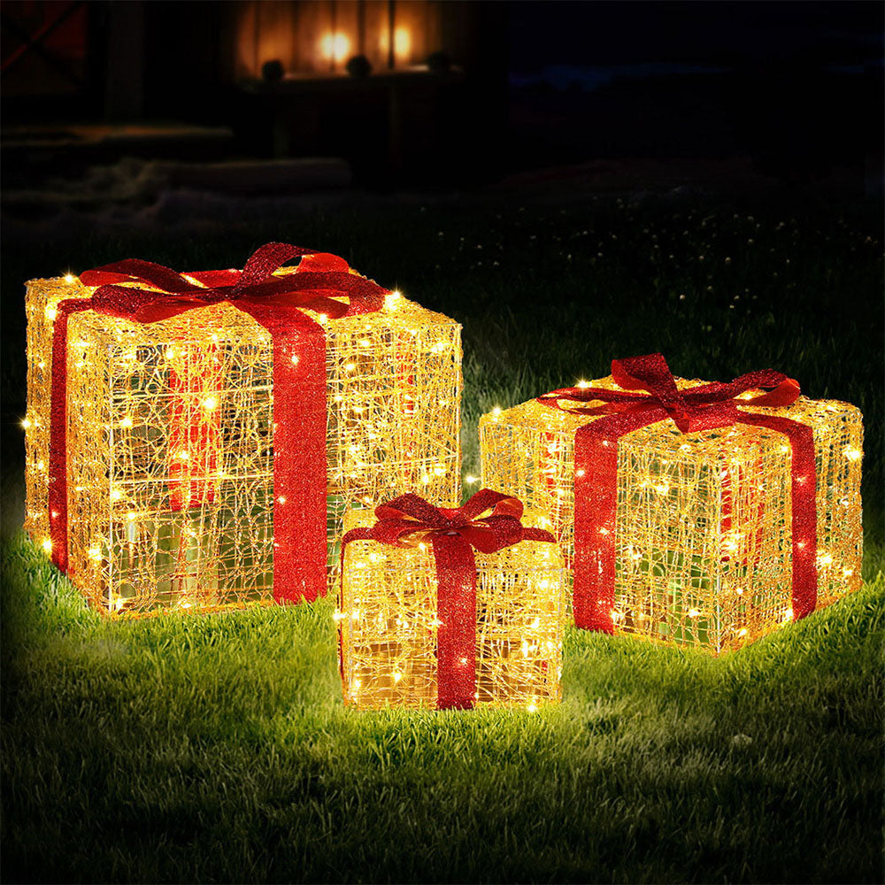 3PCS 3D Christmas Gift Box Lights – Warm White LED Indoor/Outdoor Display