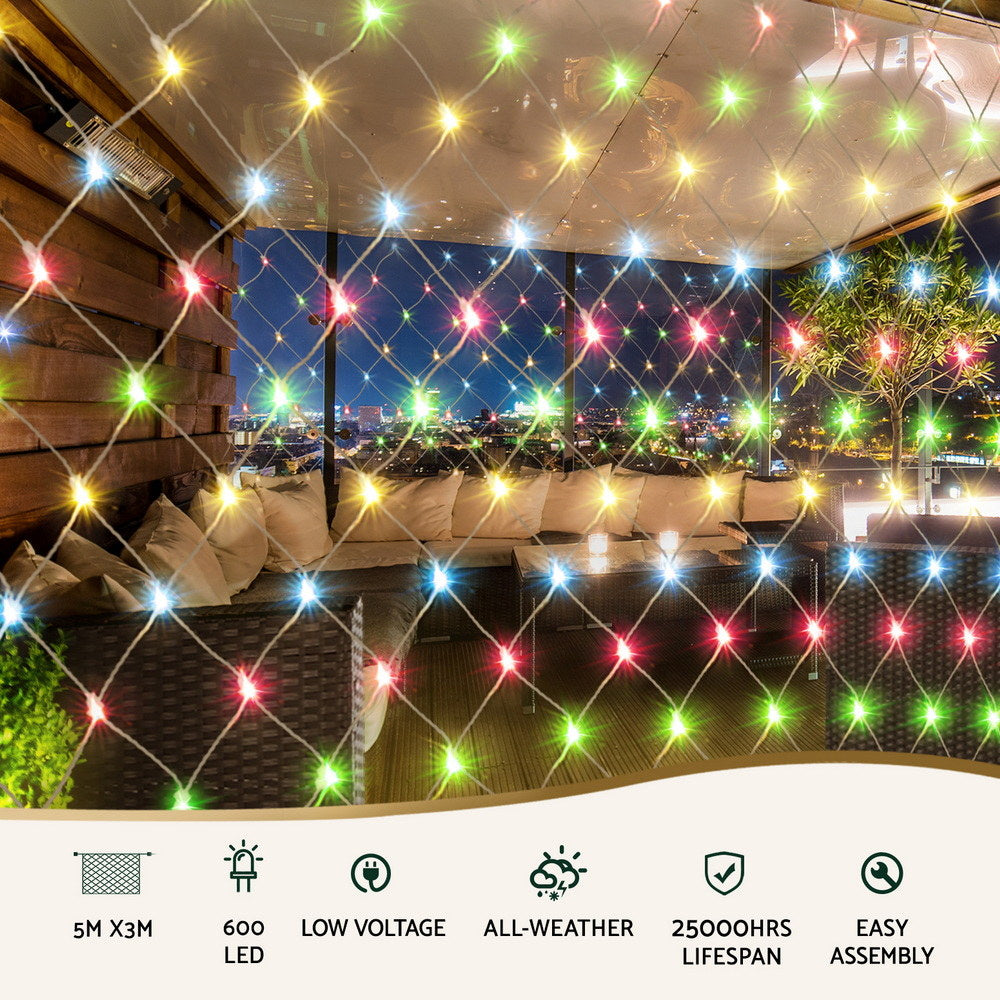 5x3M Net Lights – 600 LEDs, 8 Modes, Colourful Beads