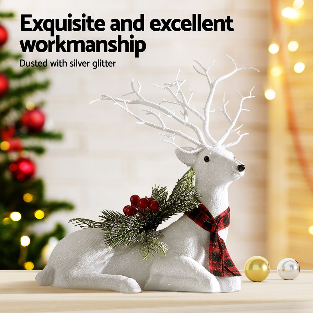 38CM Resting Deer Ornament – Silver Glitter Holiday Elegance
